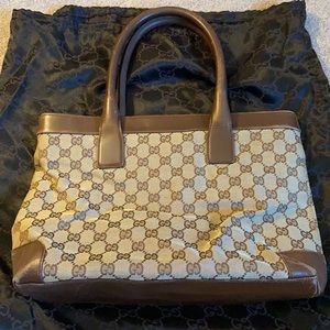 Gucci GG brown canvas leather mid size tote bag